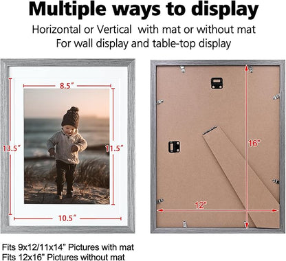 KINLINK 12x16 Picture Frame Grey, Solid Wood Frames with Acrylic Plexiglass for Pictures 11x14/9x12 with Mat or 12x16 without Mat,Wall Display Photo Frame, Set of 4