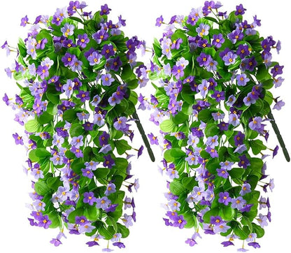 2 Pack Artificial Hanging Flowers, Fake Flowers Hanging Plant Violet Flower, Artificial Faux Silk Spring Flower for Wall Front Door Yard Garden Wedding Outdoor Decoration(Dark Orchid)