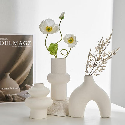 Ceramic Farmhouse Vase Set of 3, Rustic Centerpiece Vases for Fresh Dried Flowers Pampas Grass Bouquets, Boho Home Decor for Living Room Kitchen Entryway Table Mantel, Wedding Decor