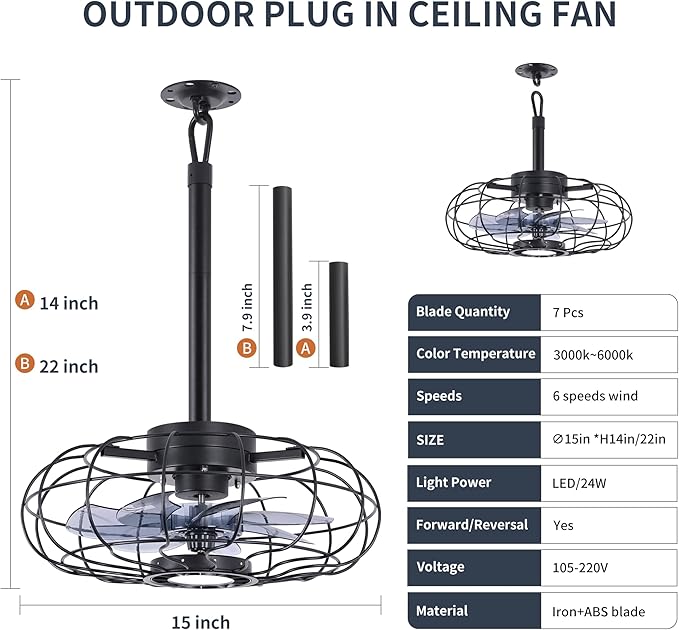 15" Outdoor Ceiling Fan with Light, with Remote and App Remote, IP65 Waterproof Gazebo Hanging Fan, 3CCT Dimmable, Portable Plug in Ceiling Fan with Cord Hook for Patio Porch Pergola Indoor(Black)