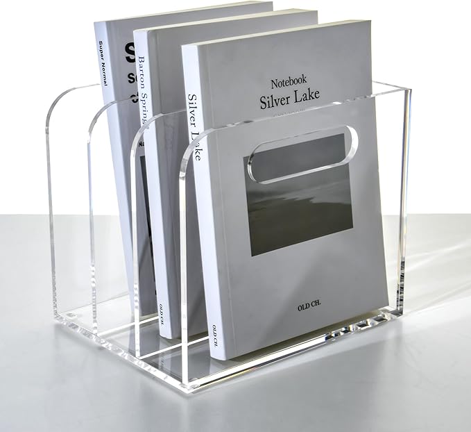 Acrylic Magazine File Holder, 3 Vertical Compartments Desk Document Sorter Organizer, Clear Folder Rack Binder for Office/Documents/Classroom, for Home, Tablet, Magazines, Books & Accessories