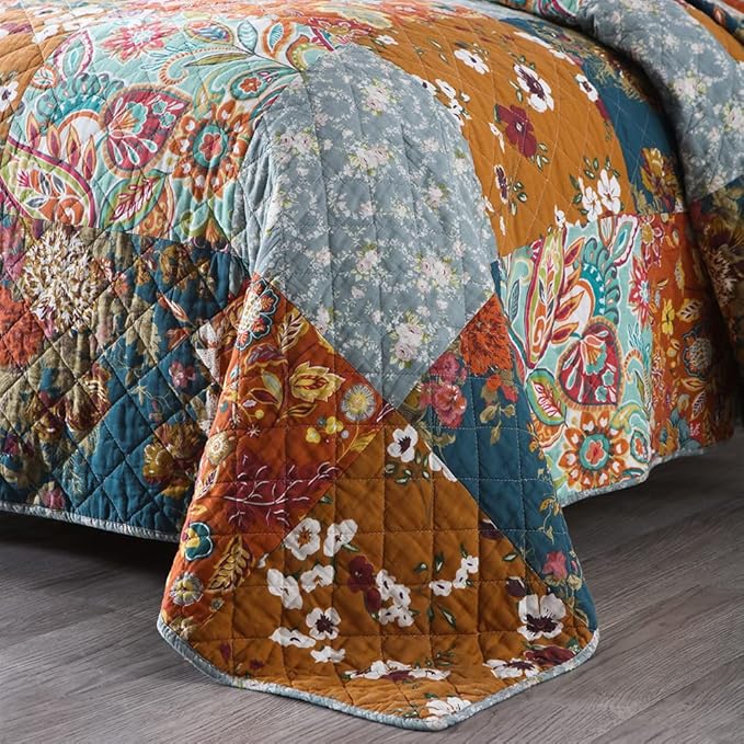 Cotton Bedspread Quilt Sets Reversible Bedding Coverlet Sets 3 Pieces Paisley Vintage Floral Yellow Blue Patchwork Bedspread, Queen Size