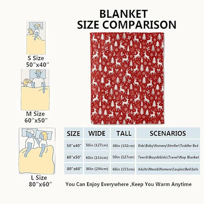 Red and White Reindeer Blanket Christmas Holiday Decor Winter Forest Xmas Throw Gifts for Adults Lightweight Soft Fleece Snowflakes Pine Tree Blankets for Bed Couch Festive Decoration 40x50in