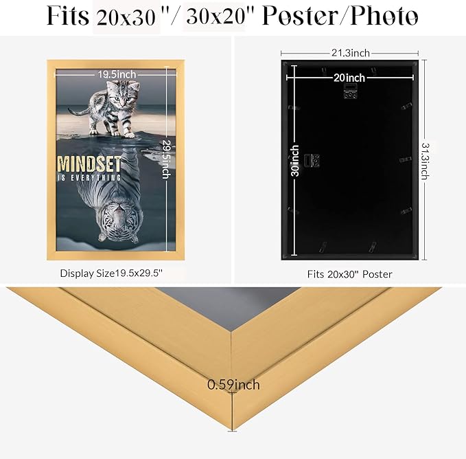 20x30 Frame Gold, Modern 30x20 Picture Poster Frame, Horizontal Vertical Hanging, Large 20 by 30 Gallery Family Concert Portrait Photo Frame Anniversary/Birthday/Wedding/Thank you/Christmas Gift