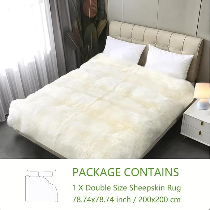 Woolous Large Sheepskin Rug, Genuine New Zealand Sheepskin Wool Mattress Topper or Soft Fluffy Ivory Shaggy Area Carpet for Bedroom, Living Room, 6.5 x 6.5 ft