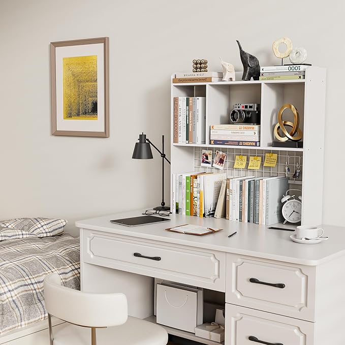 Desktop Bookshelf,Countertop Storage Hutch with 3 Shelves for Computer Desk，2-Tier Display Rack with Grid Panel, Multipurpose Wood Desk Hutch Storage Organizer for Home Office Dorm (White)