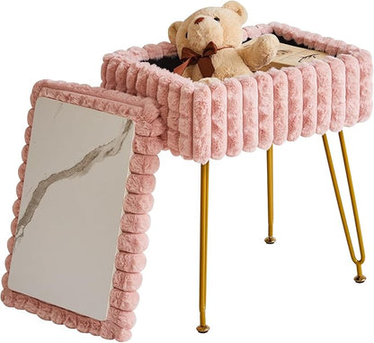 IBUYKE Rectangle Vanity Chair with Storage Space, Footrest Footstool Ottoman, Vanity Stool, Dressing Table Chair, with Anti-Slip Feet, for Makeup Room, Bedroom, Square Grid Pattern, Pink WBD004P