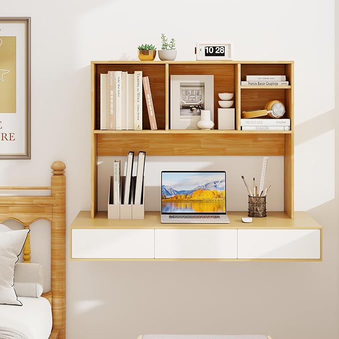 GOFLAME 4 Cubes Desktop Bookshelf, 37” Tabletop Wood Desk Shelf for Computer Monitor, Modern Countertop Desk Display Hutch Storage Organizer Shelf for Home Office, Dorm, Study (Burlywood)