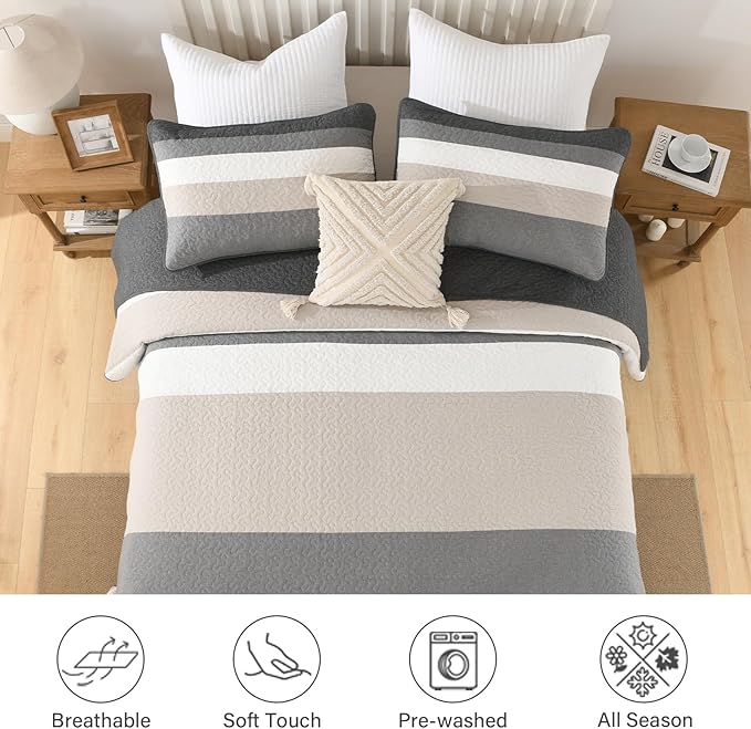 Finlonte 100% Cotton Oversized King Bedspread 120"x120", Extra Large Quilt, Modern Striped Bed Spreads Coverlet, Lightweight Reversible Yarn Dyed Quilted Bedding, 3 Piece, Gray/White