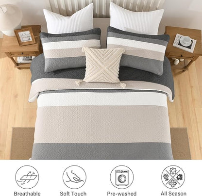 Finlonte 100% Cotton Oversized King Bedspread 120"x120", Extra Large Quilt, Modern Striped Bed Spreads Coverlet, Lightweight Reversible Yarn Dyed Quilted Bedding, 3 Piece, Gray/White