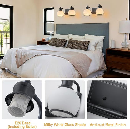 2 Light Modern Bathroom Light Fixtures Over Mirror (LED Bulbs Included), Black Vanity Lights for Bathroom Wall Sconces with Milky White Globe Glass Shades