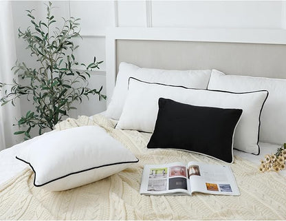LIGICKY Long Lumbar Pillow Cover 16x36 inch White Velvet Black Rope Edging Throw Pillow Covers Decorative Rectangular Body Pillow Case Accent Textured Cushion Cover for Bed Couch(Cover Only)