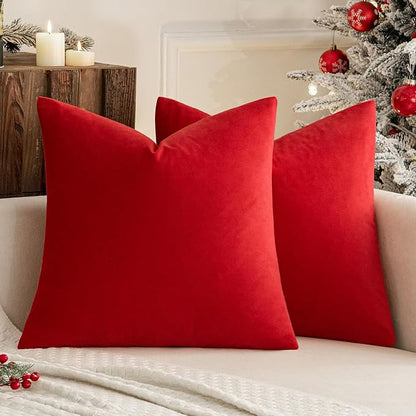 MIULEE 24x24 Inch Euro Sham Velvet Pillow Covers, Set of 2 Large Square Christmas Decorative Pillows -Bright Red Super Soft for King Bed, Sofa, Couch, Accent Chairs