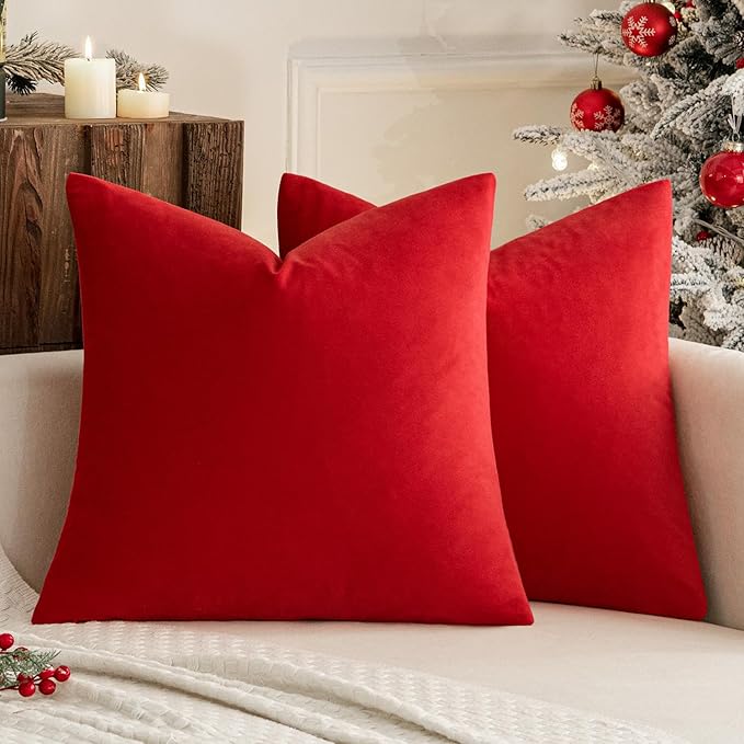 MIULEE Pack of 2 Christmas Bright Red Velvet Throw Pillow Covers 22x22 Inch Soft Solid Decorative Square Cushion Cases for Couch Sofa Bedroom
