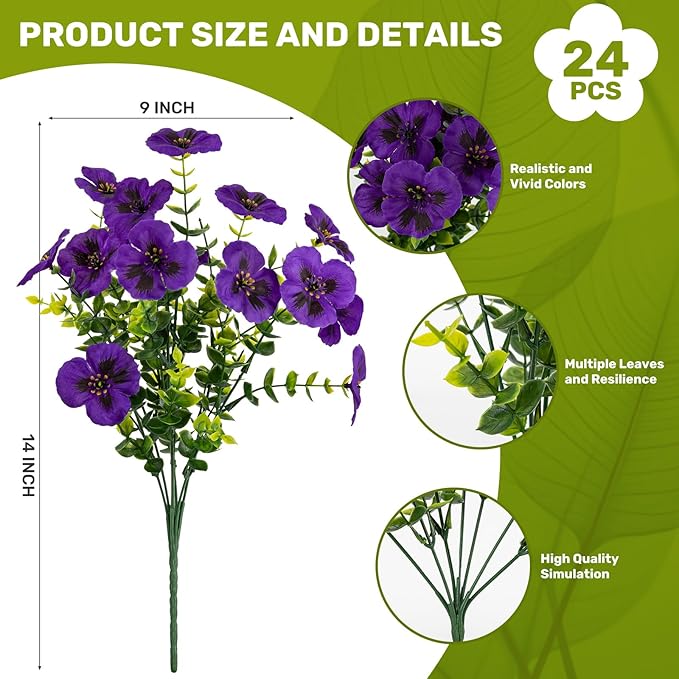 Artificial Flowers, 24 Bundles, Decorative Bouquets for Home, Wedding, Garden, Office Decor (Dark Purple)