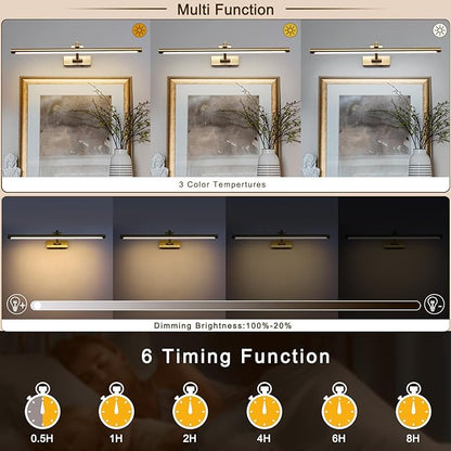5W LED Wireless Picture Lights with Remote and Timer 23.6 Inch Rechargeable Brass Gallery Lighting Battery Operated Art Lights Over Frame Portrait