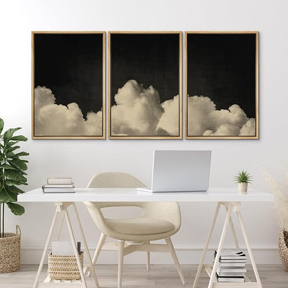 MUDECOR Framed Canvas Print Wall Art Dramatic Cloudscape Black and Beige Sky Illustrations Realism Decorative for Living Room, Bedroom, Office - 24"x36"x3 Natural