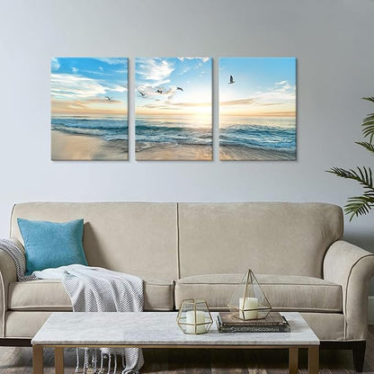 Goldfoilart Ocean Beach Sunset Canvas Wall Art for Bathroom Seascape Seagull Paintings Coastal Picture Framed Artwork for Bedroom Living Room Office Wall Decor 12 x 16Inch x 3pcs