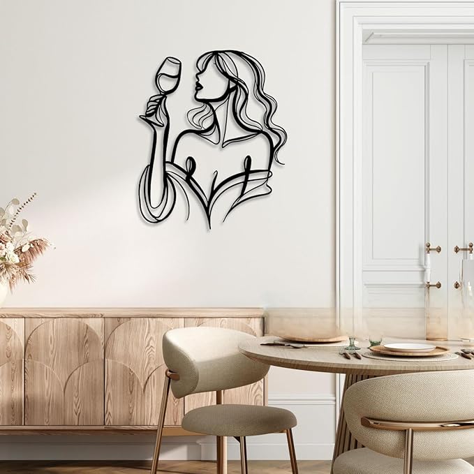 LIYOUYA Drinking Woman Metal Wall Decor - Wine Art Decor Simple Black Wall Art Home Decor for Living Room, Dining Room, Bar (Black)