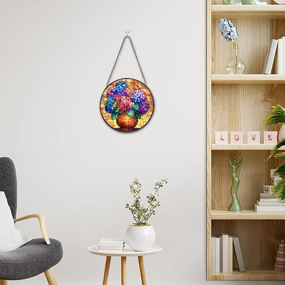 Hydrangea Stained Glass Window Hanging, 7.8" Round Sun Catcher Hand Painted Wall Art Decor with Chain, Unique Housewarming Gifts for Couples, Home
