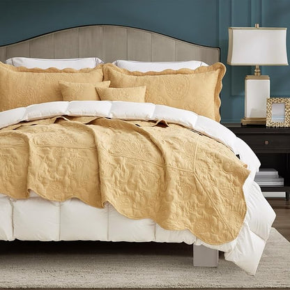 HZ & HY Oversized King Bedspread, Quilted Coverlet Bedding Set, Lightweight Thin Comforter, Reversible, Luxurious, 5 Piece, 100% Microfiber, Honey Gold