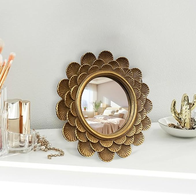 Vintage Vanity Makeup Desk Mirror，Antique Traditional Roundness Table Mirror Vintage Gold， for Dressing Table,Bedroom, Bathroom,Tabletop,Antique, 6.7" x 6.7"