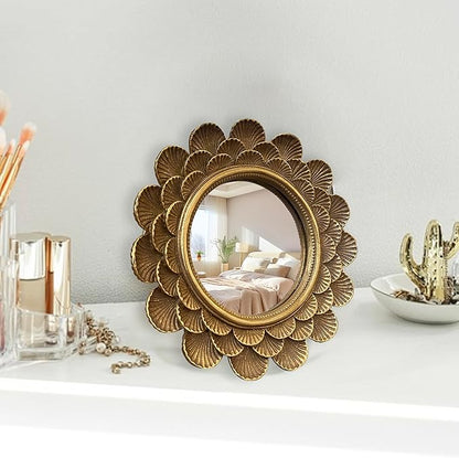 Vintage Vanity Makeup Desk Mirror，Antique Traditional Roundness Table Mirror Vintage Gold， for Dressing Table,Bedroom, Bathroom,Tabletop,Antique, 6.7" x 6.7"