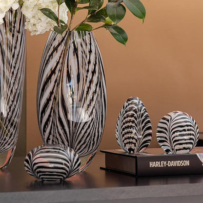 Ca D Oro Murano Style Glass Vase Black and White Feather Pattern Hand Blown Art Glass for Flower, Room Decoration and Centerpiece - Model 54 MS