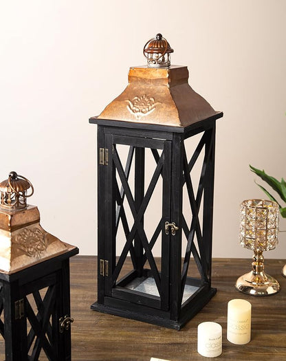 Large Farmhouse Wooden Lanterns with Metal Top, Decorative Floor Lanterns Set of 2, Black Frame with Rustic Gold Accents, Indoor/Outdoor Hurricane Lanterns for Home Decor (No Glass)