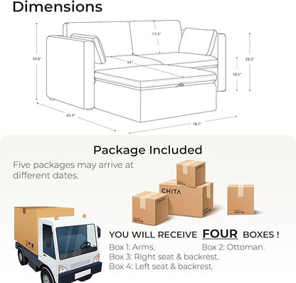 CHITA Modular Sectional Sofa, FSC Certified L Shaped Couch with Reversible Chaise, Modular Sectional Couch for Small Space, 78 Inch Width, 3 Seat Modular Sofa with Storage Ottoman, Grey