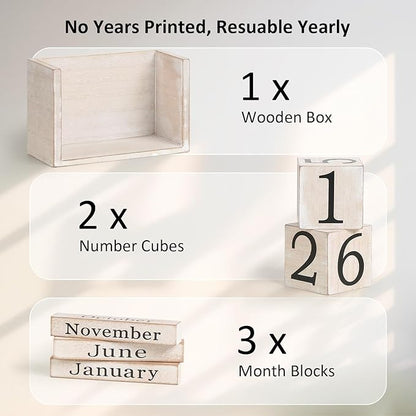 Wooden Block Calendar for Desk, Large Size Daily Desktop Perpetual Desk Calendar, Cute Date Display Desk Accessories for Home Office Decor, Teacher, Classroom, Reusable Yearly, Grey Beige