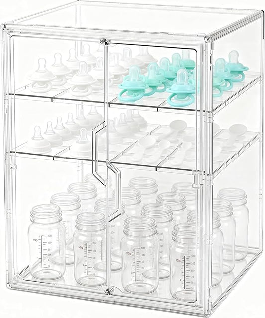 Baby Bottle Organizer, 3-Tier Bottle Storage for Countertop with Double Magnetic Doors, Clear Plastic Bottle Station Organizer with 2 Adjustable Dividers for Kitchen, Bathroom, Cabinet, Vanity