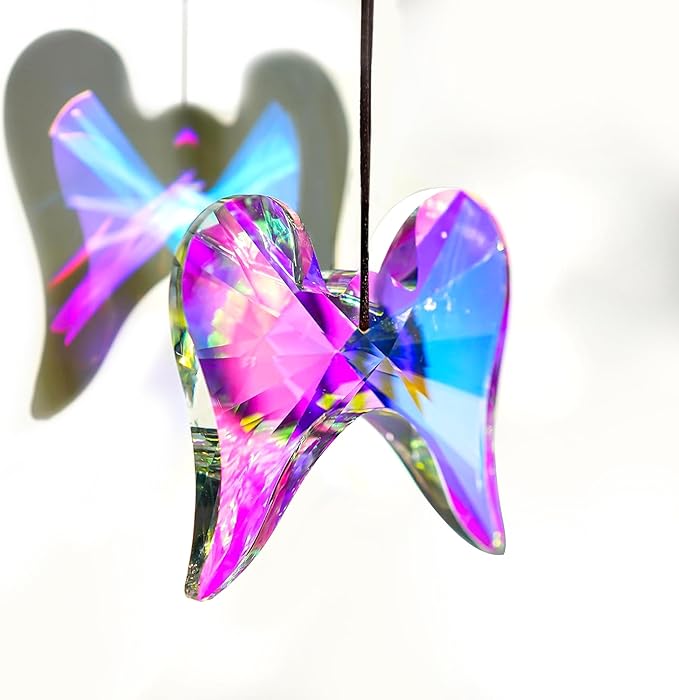 Window Hanging Crystal Angel Wing Prism Suncatcher AB Coating Ornament, Glass Angel Wing Sun Catchers Rainbow,Prism Crystals for Indoor Outdoor Garden Christmas Decor(76mm)