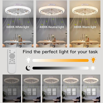 Rustic White Caged Ceiling Fan, Farmhouse Ceiling Fan with Lights Remote Control with Crystal, LED Low Profile Ceiling Light for Bedroom Kitchen Living Room