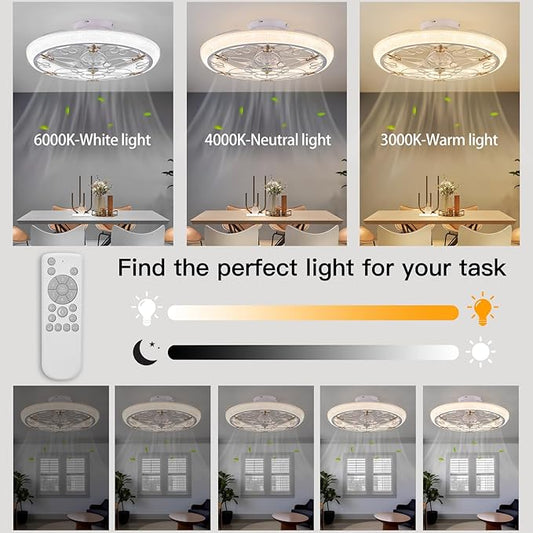 Rustic White Caged Ceiling Fan, Farmhouse Ceiling Fan with Lights Remote Control with Crystal, LED Low Profile Ceiling Light for Bedroom Kitchen Living Room