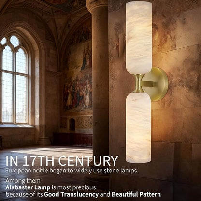 20in Alabaster Wall Sconces Set of Two, Modern Spanish Natural Marble Bathroom Vanity Sconces, Brass Alabaster Sconce Wall Lighting, Gold Wall Light Fixtures Decor for Bedroom Living Room Staircases