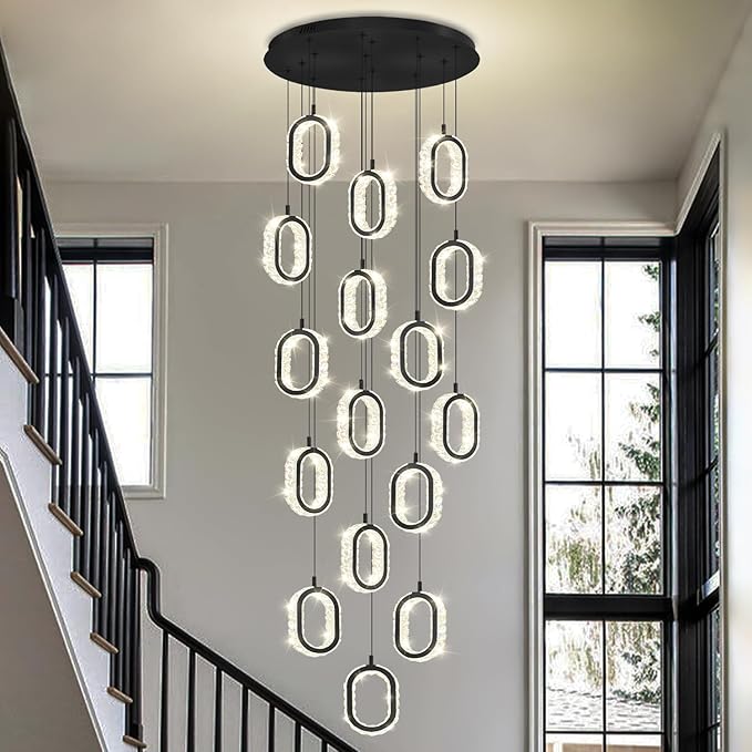 Modern Large Ring Chandelier for High Ceiling Black Stair Chandeliers for Foyer LED Crystal Ring Drop Chandelier Dimmable 2700K-6000K 16-Light