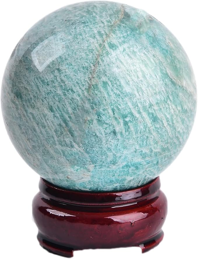 JIC Gem Natural Amazonite Crystal Sphere with Wood Stand Gemstone Sphere, Polished Healing Energy Mineral Gemstone Balls for Reiki Chakra Decoration Fengshui (2-3inch)