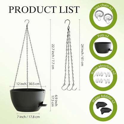 12 Inch Hanging Baskets 2 PC with Chains, Self-Watering Hanging Planters for Indoor Outdoor Plants, Plastic Hanging Flower Pots,Black