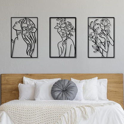 CHENGU 3 Pieces Metal Minimalist Abstract Woman Wall Art Line Drawing Wall Art Decor Single Line Female Home Hanging for Kitchen Bathroom Living Room