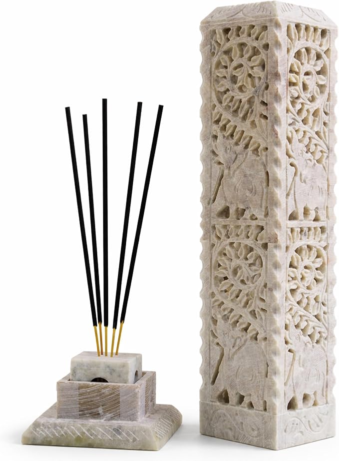 Carry Me Handmade Marble Soapstone Incense Stick Burner | Candle Stick Holder | Tea Light Stand - Perfect Elephant Carving for Gifting. Decorative Home and Kitchen Decor (3 x 3 x 11 Inches)