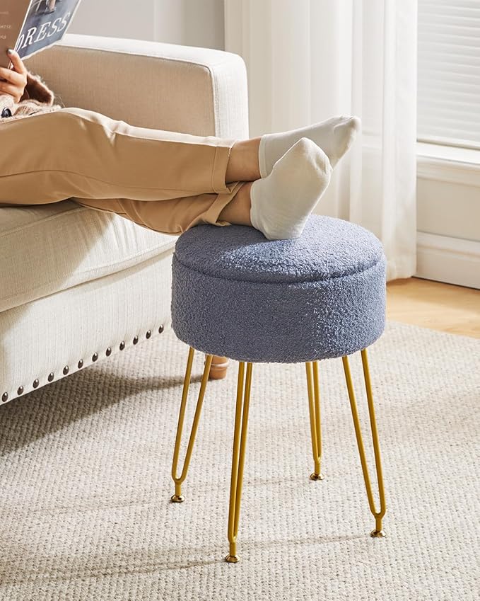 IBUYKE Teddy Velvet Storage Footrest Stool Ottoman, Makeup Vanity Stool Side Table with Removable Cover, Golden Steel Legs, Coffee Table Top Cover, Gray Blue WBD010BU