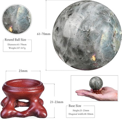 moonsix Natural Labradorite Crystal Sphere with Resin Stand Healing Energy Stone Decorative Ball Sculpture for Home Office Tabletop, 61-70 mm