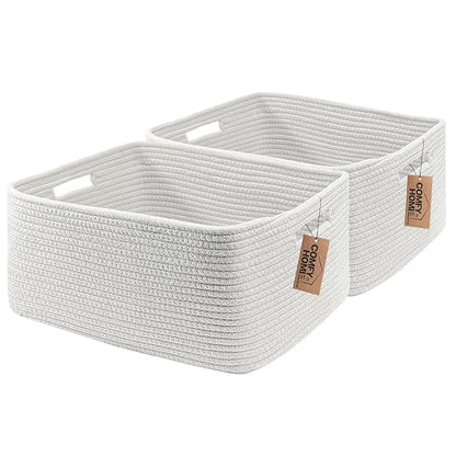 COMFY-HOMI 2 pcs Large Storage Baskets for Shelves, Laundry Basket, Woven Rope Basket, Closet Organizer Bins for Clothes Blanket Towels, Baby Nursery, Gift Toy Baskets, 17” x 13” x 7.5”-White
