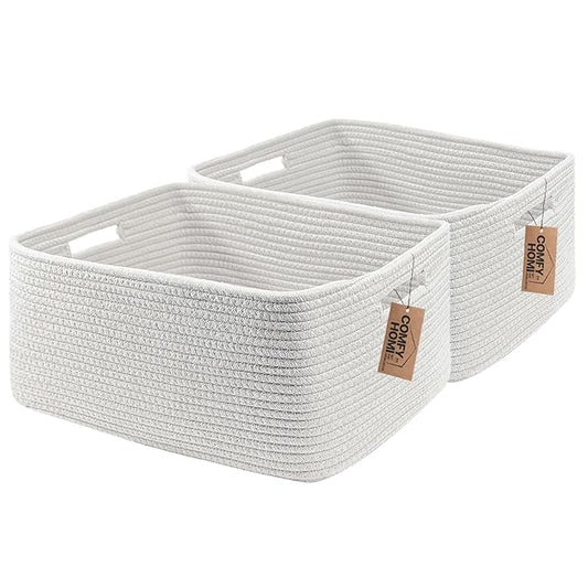 COMFY-HOMI 2 pcs Large Storage Baskets for Shelves, Laundry Basket, Woven Rope Basket, Closet Organizer Bins for Clothes Blanket Towels, Baby Nursery, Gift Toy Baskets, 17” x 13” x 7.5”-White