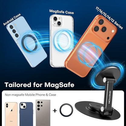 OMOTON 360° Rotating MS05 Magnetic Phone Stand for MagSafe, [Height Adjustable] Cell Phone Stand for Desk with Non-Slip Base, Office Desk Accessories for iPhone 17/16/15/14 Pro Max Air, Black
