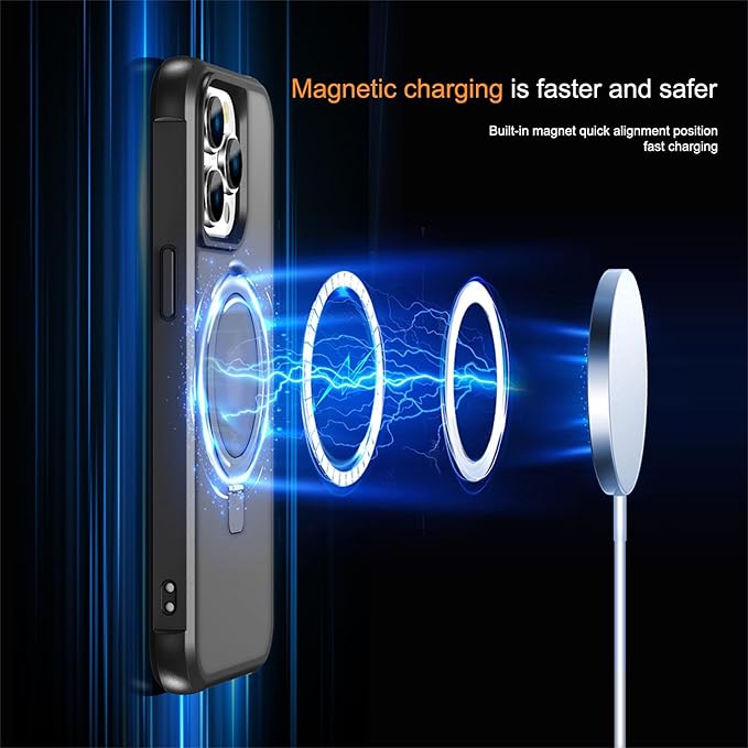 Compatible with iPhone 15 Pro Max Case with Invisible Magnetic O-Ring Stand Military-Grade Translucent Case for iPhone 15 ProMax 6.7" [Compatible with Mag-Safe][Great Grip Feeling], Black