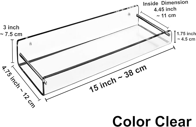 AMT 2 Pack Acrylic Floating Shelves, 15" L x 4.8" W, Clear Bathroom Wall Shelf, Bookshelves, Invisible Display for Office, Bedroom, Small Gap Allows Water to Escape, Free Screws & Drill Bit (Medium)