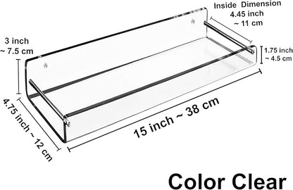 AMT 2 Pack Acrylic Floating Shelves, 15" L x 4.8" W, Clear Bathroom Wall Shelf, Bookshelves, Invisible Display for Office, Bedroom, Small Gap Allows Water to Escape, Free Screws & Drill Bit (Medium)