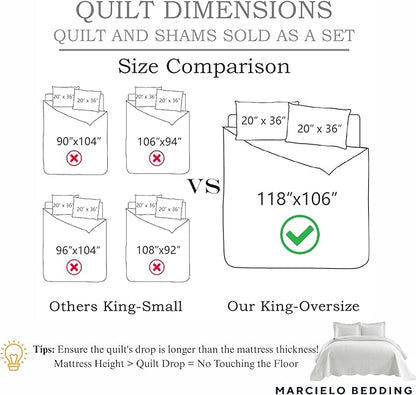 MarCielo 3-Piece 100% Cotton Oversized Bedspread Lightweight Quilt Coverlet Embroidery Farmhouse Bedding Set T0 (Aruba Blue, Oversized King (118"x106"))